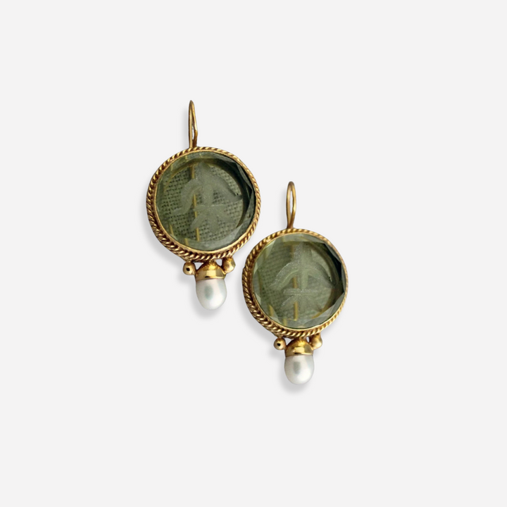 Vintage Afgeronde Groene Steen Parel Oorbellen