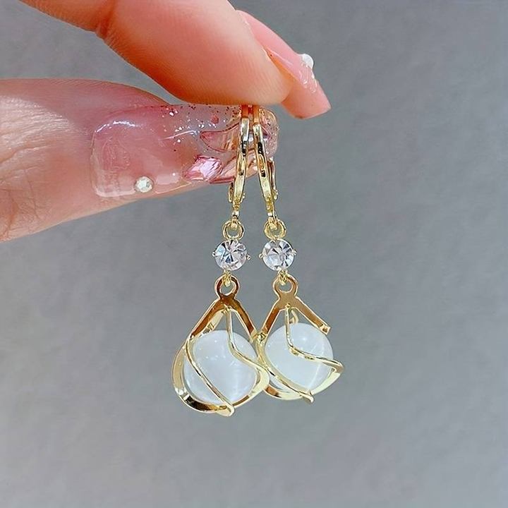 Vintage Wit Opaal Bungelende Gouden Oorbellen